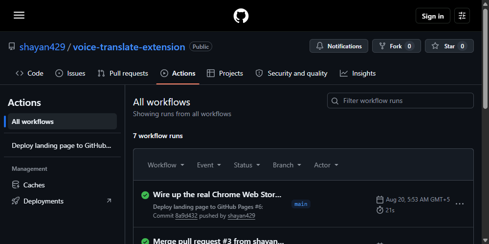 GitHub Actions workflow runs for the voice-translate-extension repo