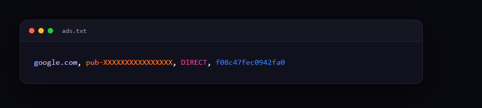 An ads.txt file declaring the AdSense publisher ID