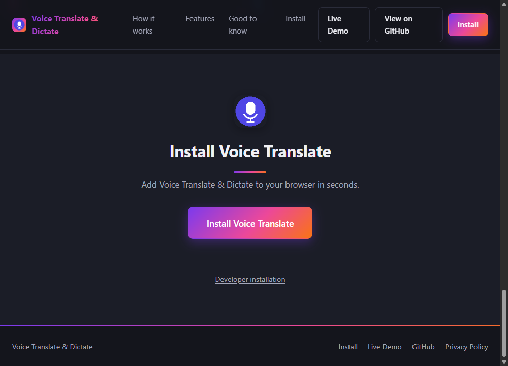The Install Voice Translate button on the extension's landing page