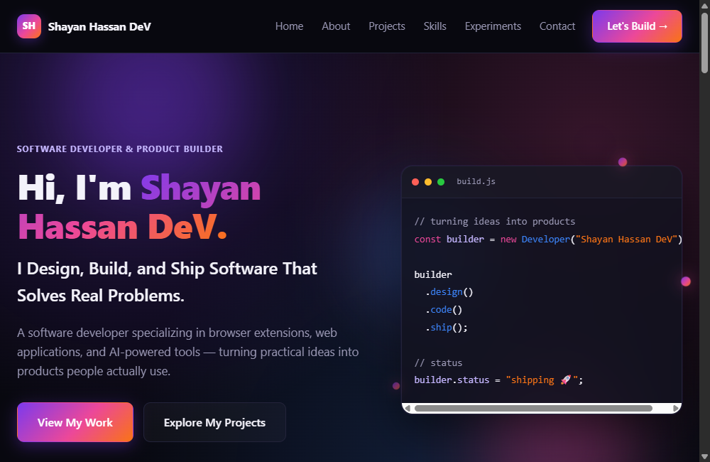 This personal site's hero section, the subject of the debugging story